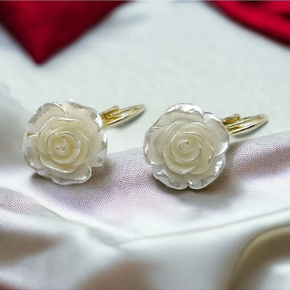 Ivory Camellia Rose Flower Earrings Gold Leverback Bridal Wedding Romantic Glam